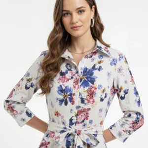 Bloomlight: Tie-Waist Watercolor Floral Shirt Dress